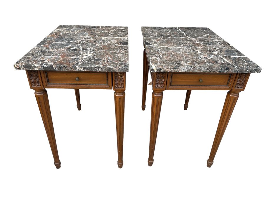 Pair Of S. Pesquera Wooden Side Tables With Drawer And Marble Top 16W X 24D X 24H [Photo 1]