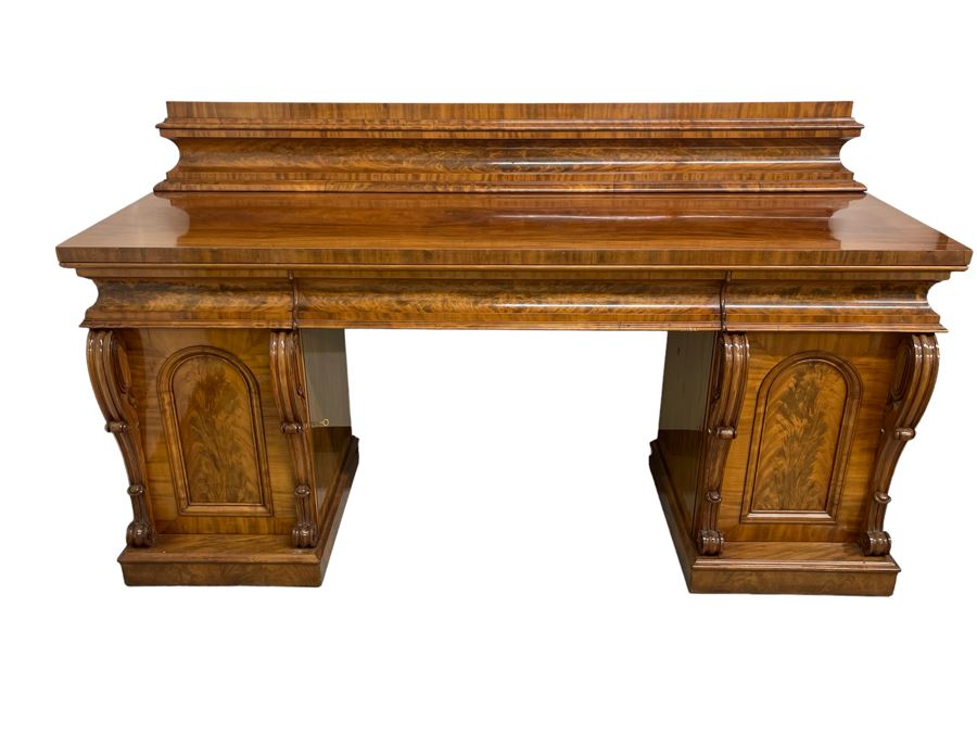 Elegant English Pedestal Sideboard Buffet Credenza Cabinet With Beautiful Wood Carvings And Felt Lined Silver Storage Drawers 84W X 28D X 48H [Photo 1]