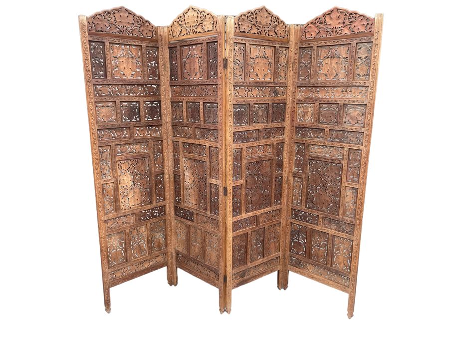 Hand Carved 4 Panel Room Divider Screen 80W X 75H [Photo 1]