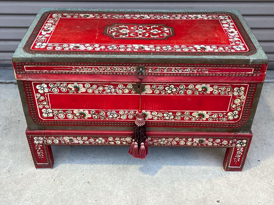 Red Hand Painted Indian Wooden Box With Stand