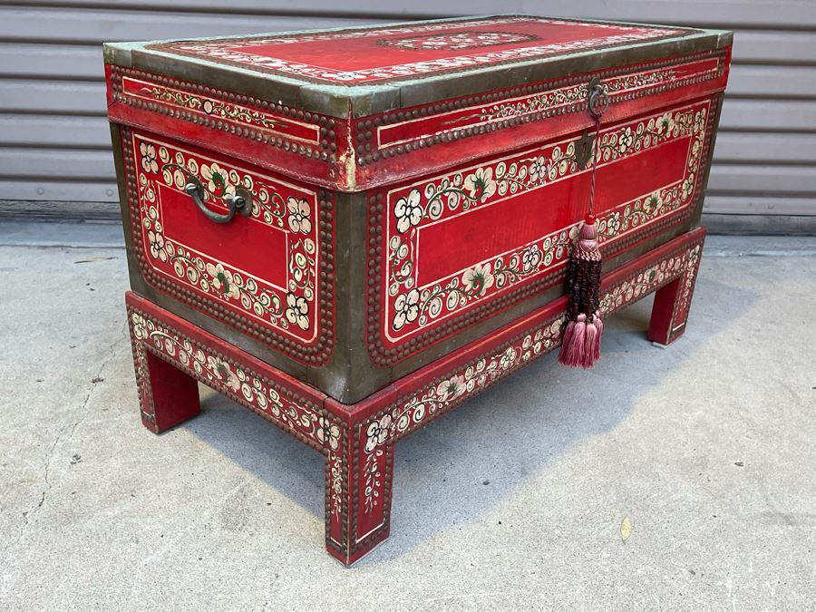 Red Hand Painted Indian Wooden Box With Stand