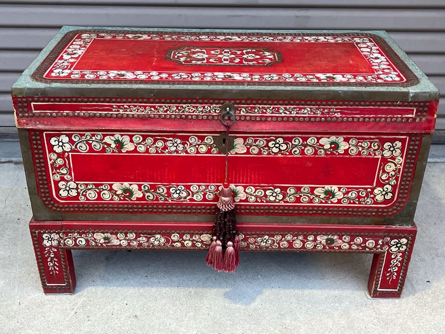 Red Hand Painted Indian Wooden Box With Stand