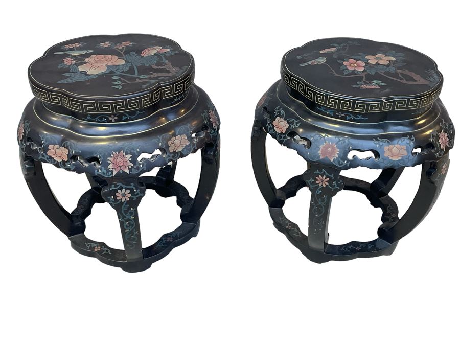Pair Of Beijing Gold Inlaid Lacquer Stools By Jinlng Made In The People's Republic Of China 17W X 19H [Photo 1]