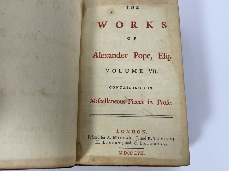 (3) Antique 1757 Books: The Works Of Alexander Pope, Efq. Volumes V, VII, VIII  [Photo 6]