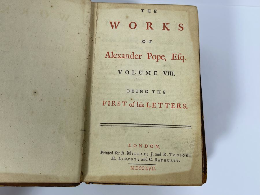 (3) Antique 1757 Books: The Works Of Alexander Pope, Efq. Volumes V, VII, VIII  [Photo 4]