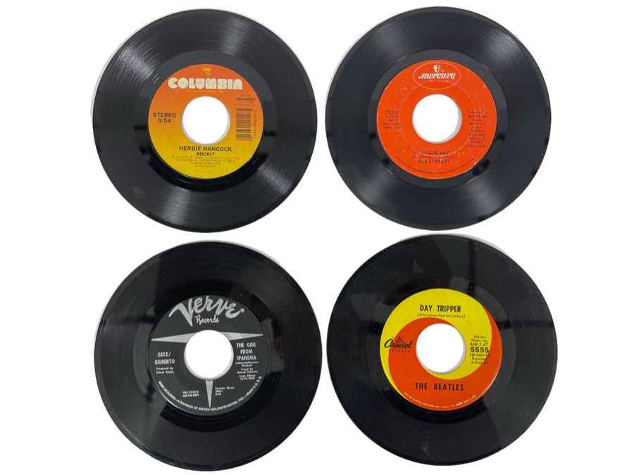 (4) Vinyl 45s Records: The Beatles (We Can Work It Out / Day Tripper), Rod Stewart (Maggie May), Herbie Hancock (Rockit), Getz/ Gilberto (The Girl From Ipanema) [Photo 1]