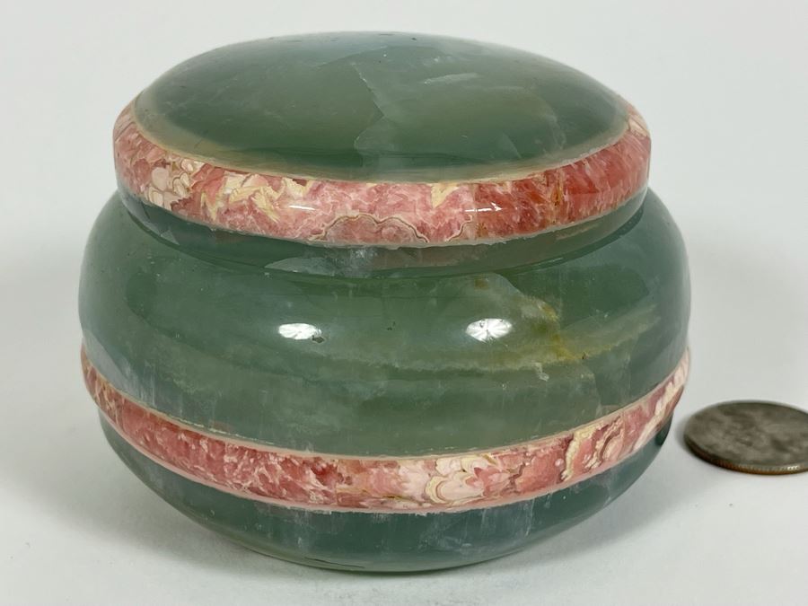 Vintage Green Stone Round Lidded Box 4W X 2.5H [Photo 3]