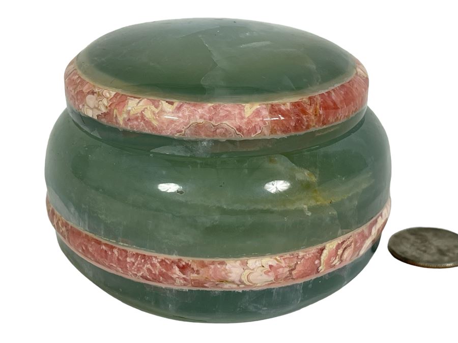 Vintage Green Stone Round Lidded Box 4W X 2.5H