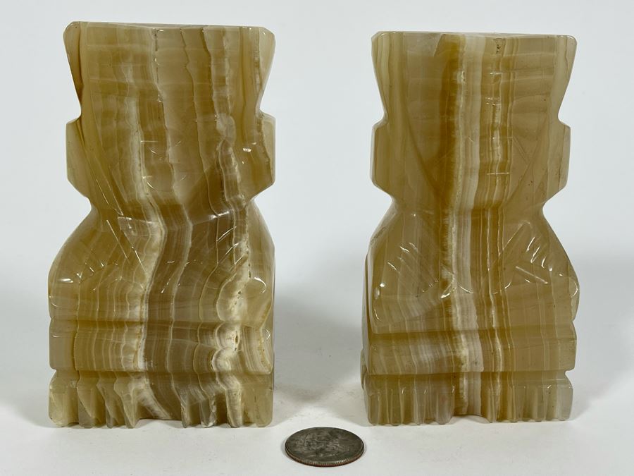 Pair Of Carved Onyx Stone Bookends 3W X 1.5D X 5H [Photo 3]
