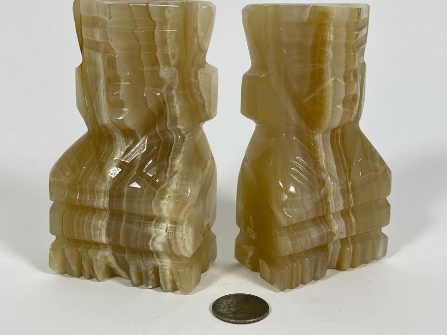 Pair Of Carved Onyx Stone Bookends 3W X 1.5D X 5H [Photo 2]