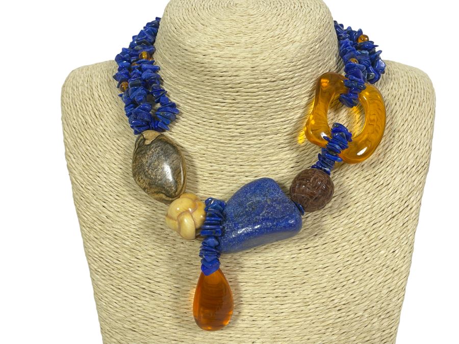 Handmade Statement 16' Necklace With Lapis Lazuli And Amber [Photo 1]