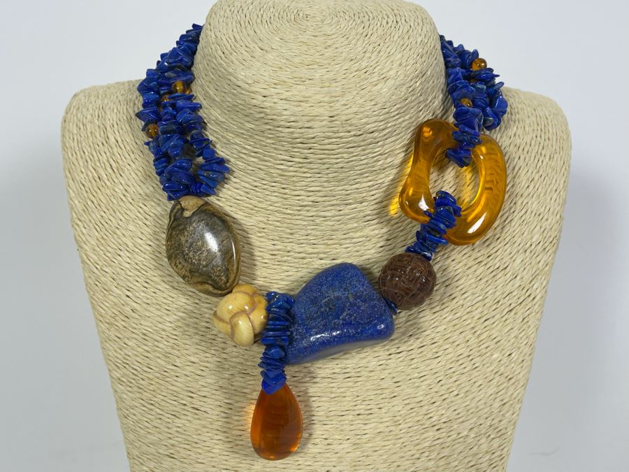 Handmade Statement 16' Necklace With Lapis Lazuli And Amber [Photo 2]
