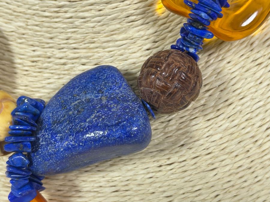 Handmade Statement 16' Necklace With Lapis Lazuli And Amber [Photo 5]