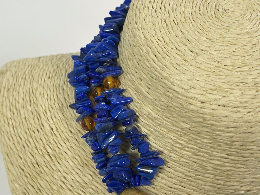 Handmade Statement 16' Necklace With Lapis Lazuli And Amber [Photo 8]