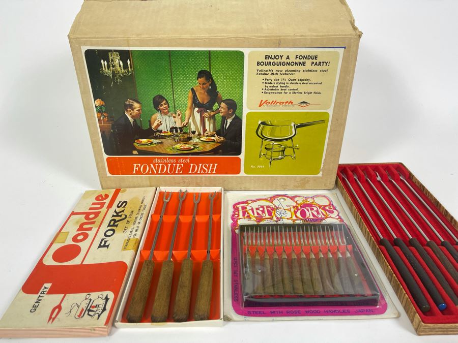 Mid-Century Fondue Set With Various Fondue Forks And Party Forks [Photo 2]
