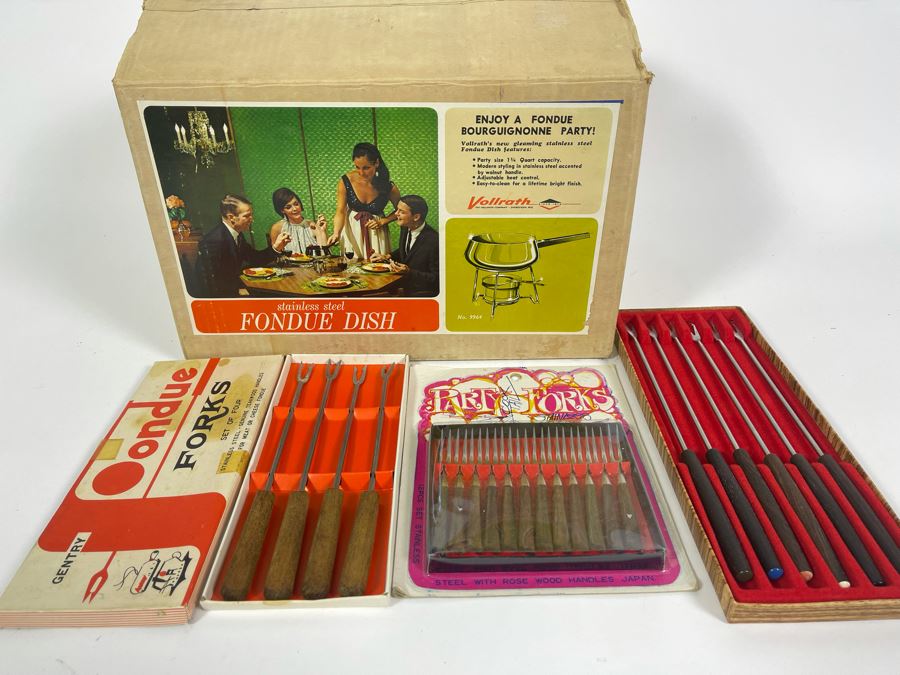 Mid-Century Fondue Set With Various Fondue Forks And Party Forks [Photo 3]