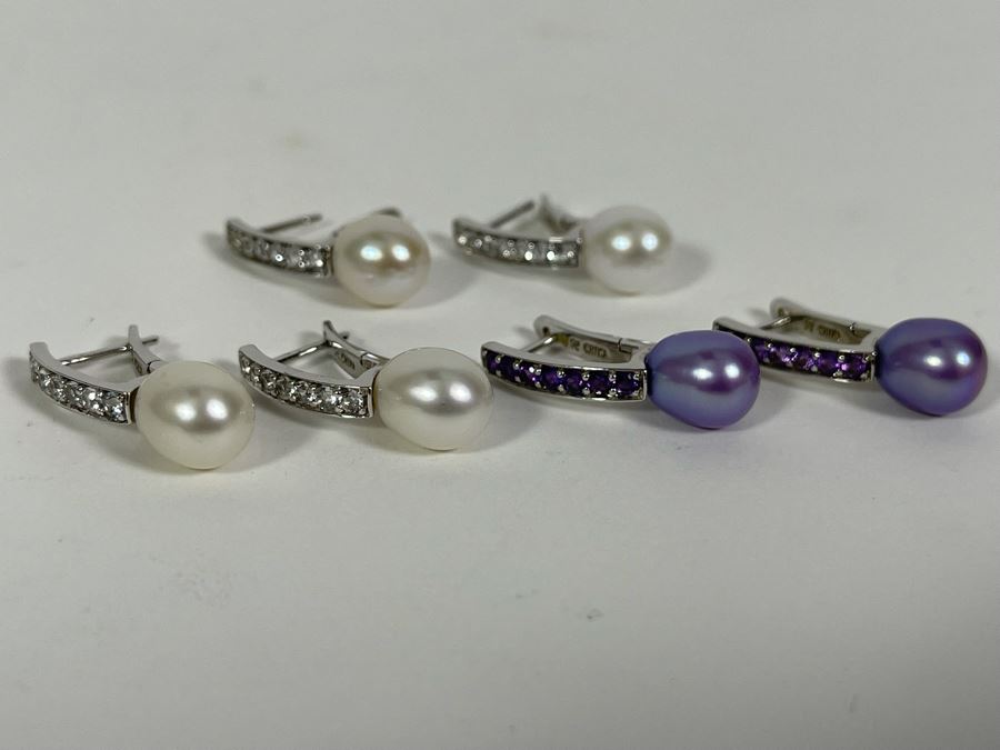 Three Pairs Of Sterling Silver Pearl Earrings [Photo 2]