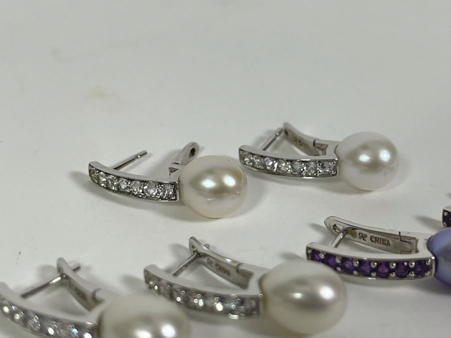 Three Pairs Of Sterling Silver Pearl Earrings [Photo 7]
