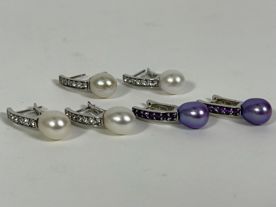 Three Pairs Of Sterling Silver Pearl Earrings [Photo 3]
