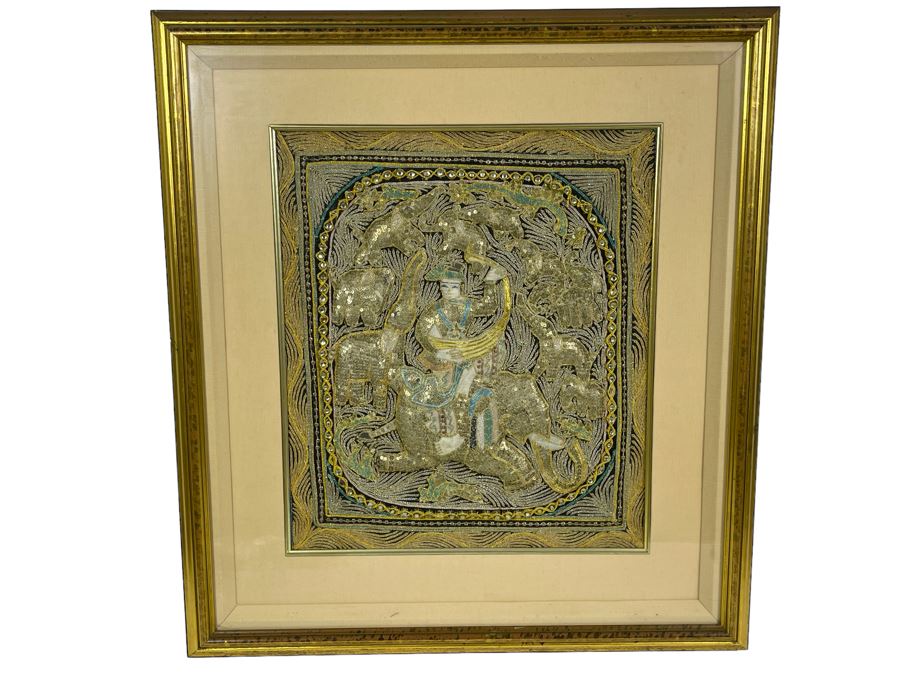 Vintage Kalaga Tapestry Burmese Thai Beaded Sequined Artwork 17.5 X 21 Framed 28 X 31 [Photo 2]