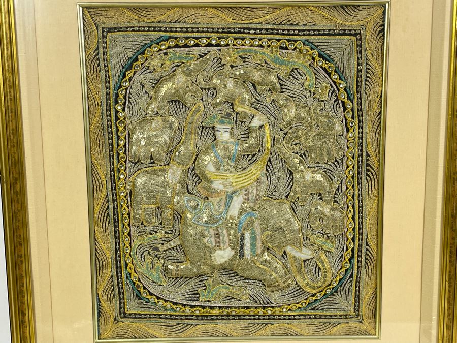 Vintage Kalaga Tapestry Burmese Thai Beaded Sequined Artwork 17.5 X 21 Framed 28 X 31 [Photo 3]