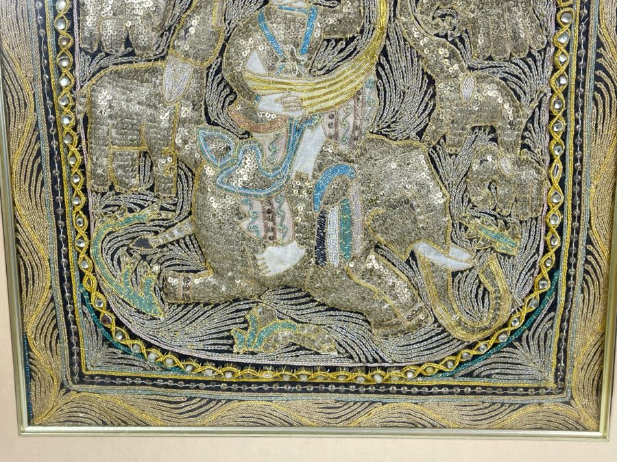 Vintage Kalaga Tapestry Burmese Thai Beaded Sequined Artwork 17.5 X 21 Framed 28 X 31 [Photo 11]