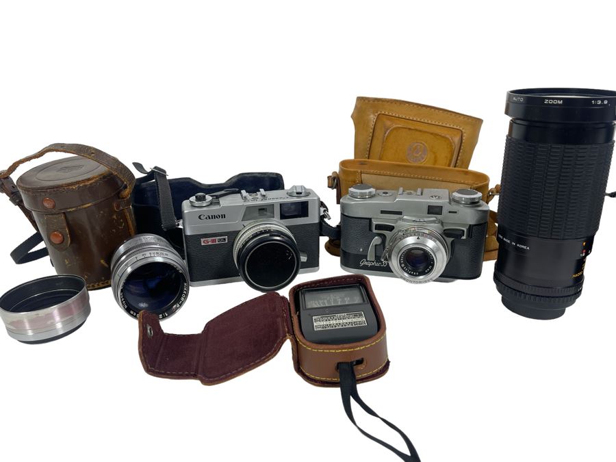 Vintage Film Camera Lot With Graflex Graphic 35 Film Camera, Canon Canonet QL17 Film Camera, Pair Of Lenses And Light Meter