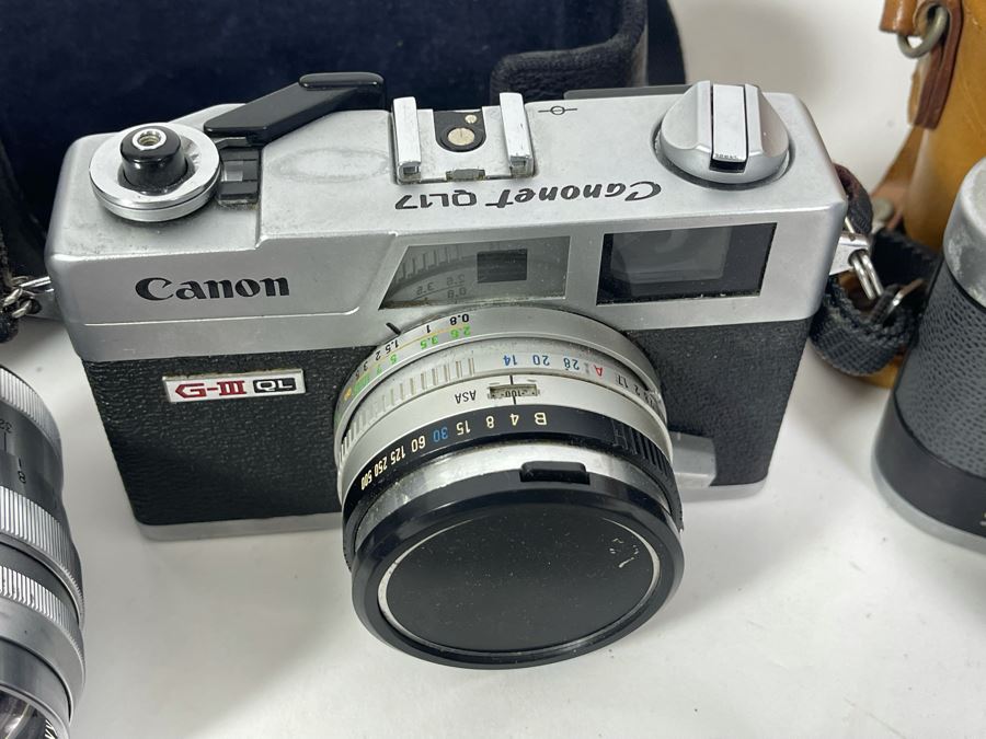 Vintage Film Camera Lot With Graflex Graphic 35 Film Camera, Canon Canonet QL17 Film Camera, Pair Of Lenses And Light Meter [Photo 5]