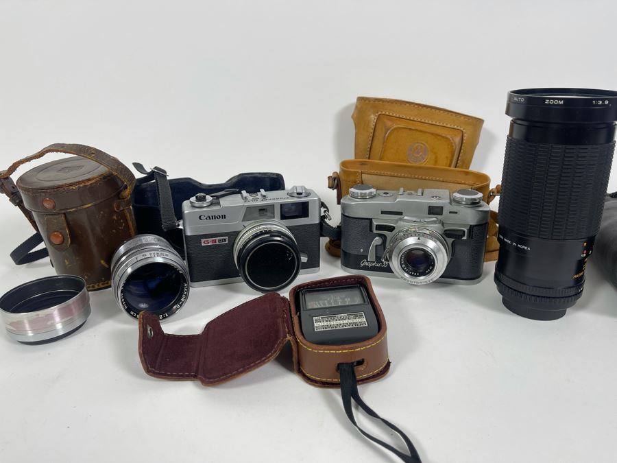 Vintage Film Camera Lot With Graflex Graphic 35 Film Camera, Canon Canonet QL17 Film Camera, Pair Of Lenses And Light Meter [Photo 3]