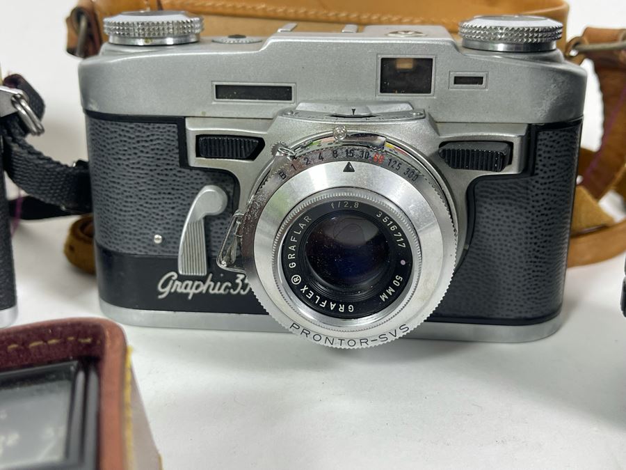 Vintage Film Camera Lot With Graflex Graphic 35 Film Camera, Canon Canonet QL17 Film Camera, Pair Of Lenses And Light Meter [Photo 7]