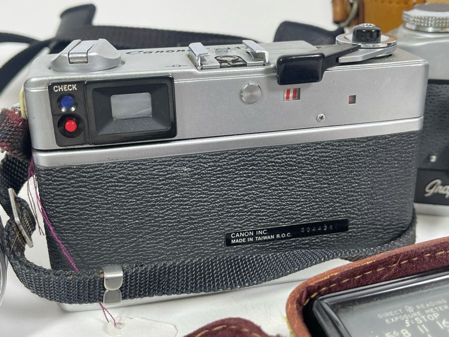 Vintage Film Camera Lot With Graflex Graphic 35 Film Camera, Canon Canonet QL17 Film Camera, Pair Of Lenses And Light Meter [Photo 10]