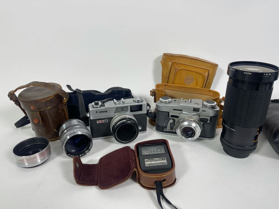 Vintage Film Camera Lot With Graflex Graphic 35 Film Camera, Canon Canonet QL17 Film Camera, Pair Of Lenses And Light Meter [Photo 2]