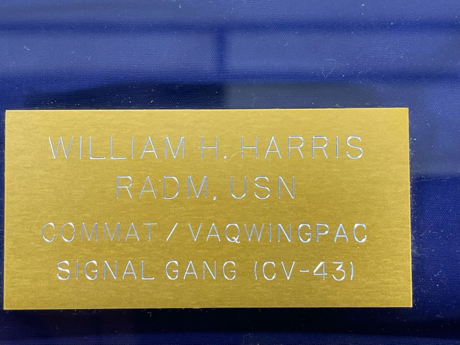 Framed US Navy Naval Signal Flag With Brass Plaque 'William H. Harris RADM, USN COMMAT / VAQWINGPAC SIGNAL GANG (CV-43) 18 x 13 [Photo 5]