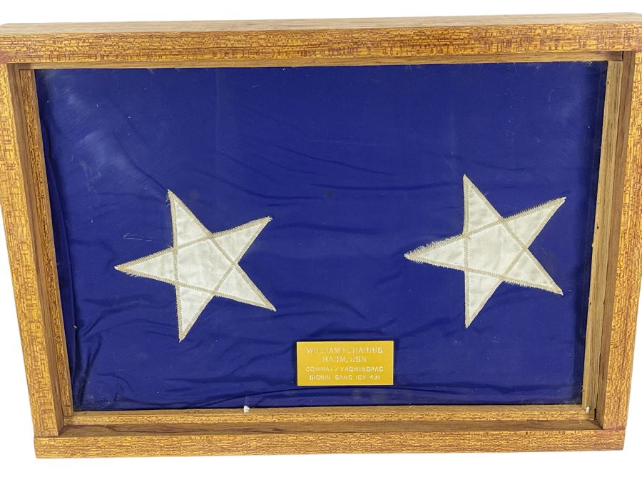 Framed US Navy Naval Signal Flag With Brass Plaque 'William H. Harris RADM, USN COMMAT / VAQWINGPAC SIGNAL GANG (CV-43) 18 x 13