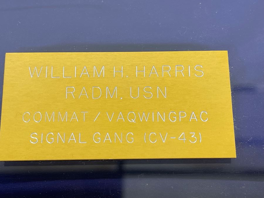 Framed US Navy Naval Signal Flag With Brass Plaque 'William H. Harris RADM, USN COMMAT / VAQWINGPAC SIGNAL GANG (CV-43) 18 x 13 [Photo 6]