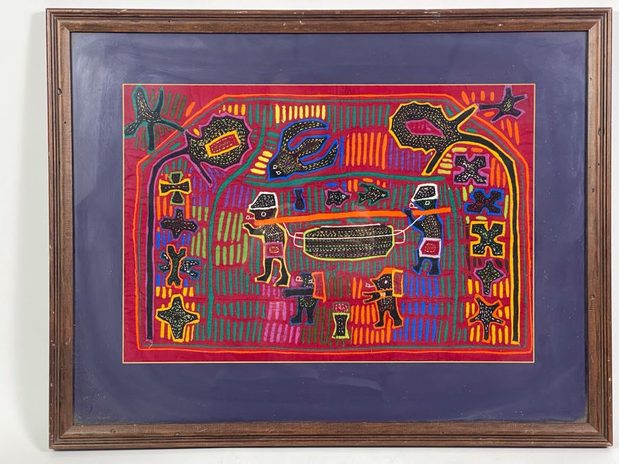 Handmade Vintage Mola Panama Folk Art Embroidery 18.5 X 13 Framed 25 X 20 [Photo 3]