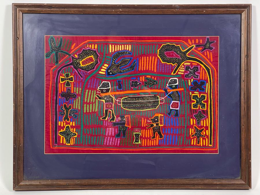 Handmade Vintage Mola Panama Folk Art Embroidery 18.5 X 13 Framed 25 X 20 [Photo 4]