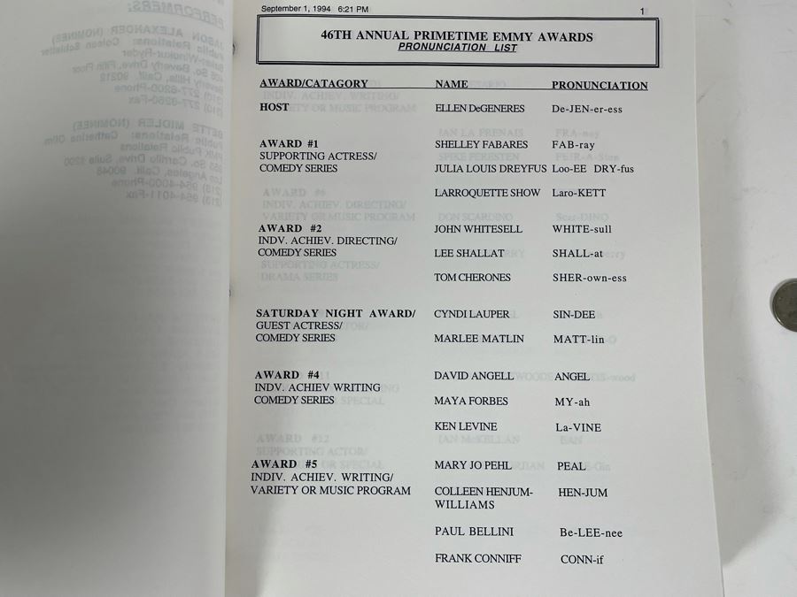 Original Final Draft Script To The 46th Annual Primetime Emmy Awards September 11, 1994 [Photo 5]