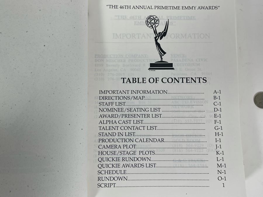 Original Final Draft Script To The 46th Annual Primetime Emmy Awards September 11, 1994 [Photo 4]