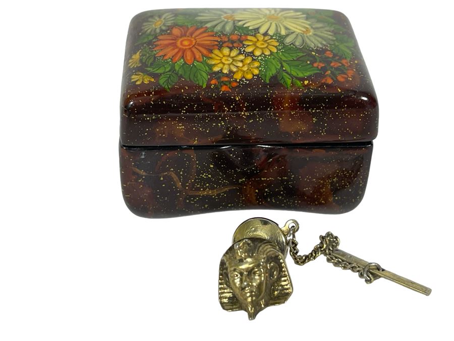 Small Hand Painted Russian Lacquer Box And Sterling Silver Tutankhamun Tie Tack