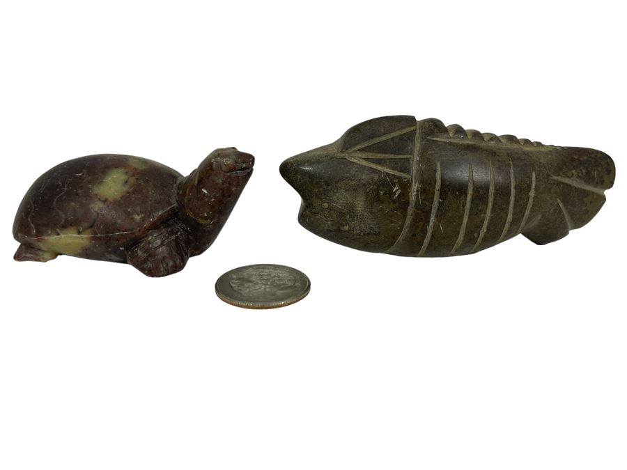 Vintage Hand Carved Stone Turtle And Fish