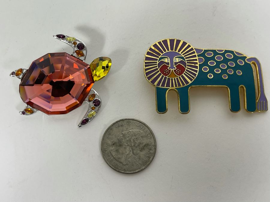 Vintage Laurel Burch Lion Leonardo Brooch Pin And Swarovski Crystal Turtle Brooch Pin [Photo 2]
