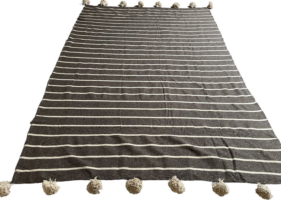 Moroccan Pom Pom Hand-Woven Blanket Made Of 100% Quality Cotton Size Large 114 X 77 Retails $210