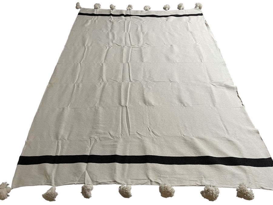 Moroccan Pom Pom Hand-Woven Blanket Made Of 100% Quality Cotton Size Large 112 X 77 Retails $210