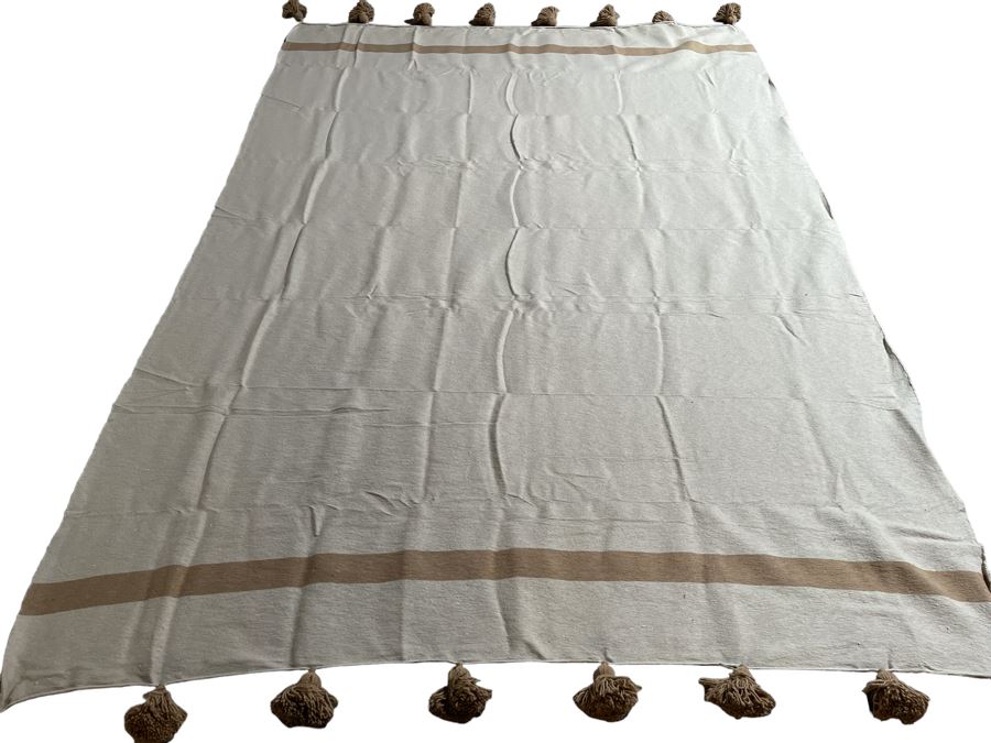 Moroccan Pom Pom Hand-Woven Blanket Made Of 100% Quality Cotton Size Large 114 X 77 Retails $210