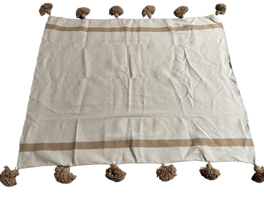 Moroccan Pom Pom Hand-Woven Blanket Made Of 100% Quality Cotton Size Small 58 X 53 Retails $140