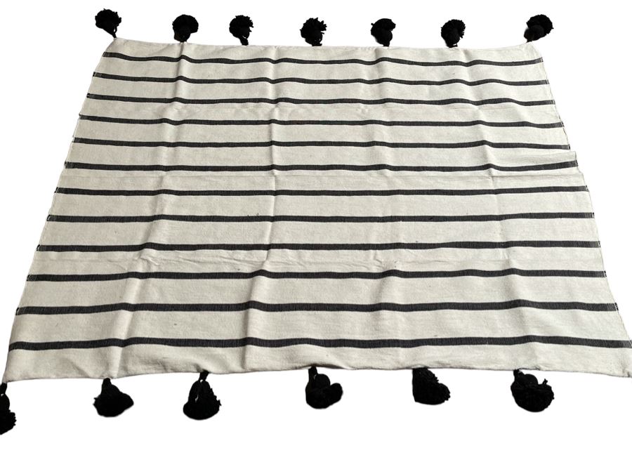 Moroccan Pom Pom Hand-Woven Blanket Made Of 100% Quality Cotton Size Small 62 X 55 Retails $140