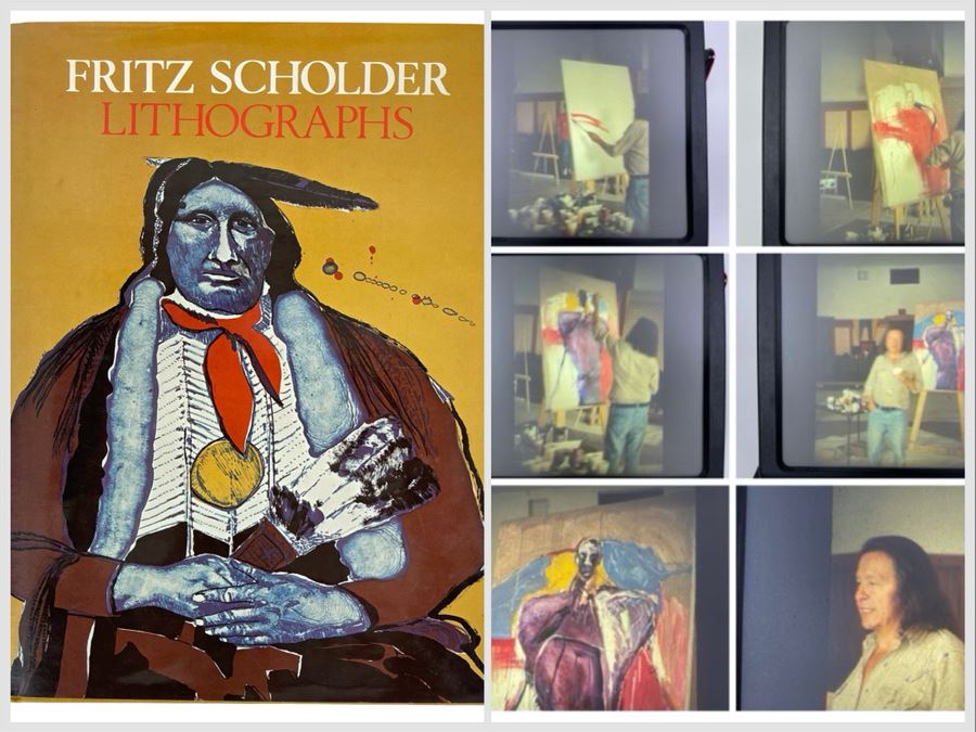 First Edition 1975 Fritz Scholder Lithographs Artist Hardcover Book Plus Seven Original Film Slides Showing The Artist Painting An Original Painting From Start To Completion