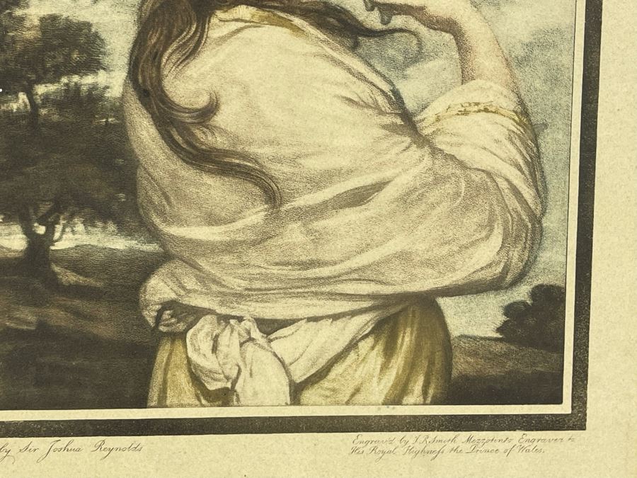 A Bachante Mezzotint Etching Engraved By J R Smith Mezzotint Engraver To His Royal Highness The Prince Of Wales Painted By Sir Joshua Reynolds 9 X 11 In Vintage Gilt Wooden Frame 15 X 17.5 [Photo 4]