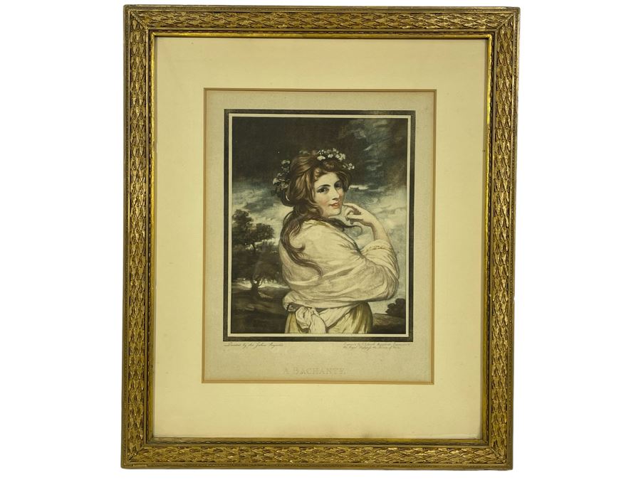 A Bachante Mezzotint Etching Engraved By J R Smith Mezzotint Engraver To His Royal Highness The Prince Of Wales Painted By Sir Joshua Reynolds 9 X 11 In Vintage Gilt Wooden Frame 15 X 17.5 [Photo 2]